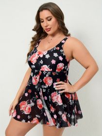 Plus Size One-piece Mesh Skirt Printed Backless Sexy Swimsuit Women's One-piece (Option: Black-1XL)