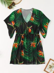 Women's Plus-size Sexy Semi-transparent Tank Top Cover-up Swimsuit With Tropical Print, Sun Protection, Vacation Style. (Option: Green-0XL)