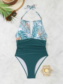 Women's Plus-size One-piece Halter Swimsuit With Leaf Print And Side Ruffles, Vacation Style. (Option: 0XL-Peacock blue)