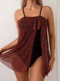 Women's Fashionable One-piece Swimsuit, Sexy Strapless Chiffon Dress With Leaf Print, Vacation Style. (Option: S-Black)