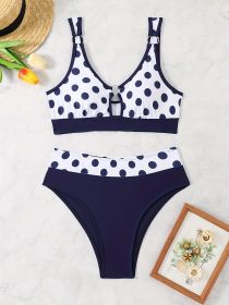 Women's Bikini Set With Random Prints, Sexy Polka Dot Ring Two-piece Swimsuit, Beach Style (Option: S-Navy blue)