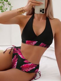Women's Fashion Bikini Set, Sexy Drawstring Solid Color Tropical Print Two-piece Swimsuit. (Option: S-Rose red)