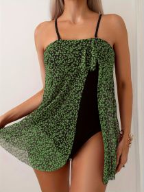 Women's Fashionable One-piece Swimming Suit With Net Fabric, Leaf Pattern, Concealing Excess Flesh, One-piece Swimsuit, Beach Style (Option: S-Green)