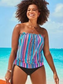 Women's Tankini Suit Striped Print Strapless Two-wear Detachable Off-the-shoulder Sexy Swimsuit Two-piece Vacation Chic (Option: Pattern and colour-S)