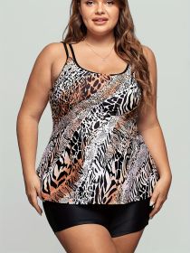 Women's Plus-size Tankini Suit, Leopard Print, Boxer Shorts, Holiday Style (Option: Black-1XL)