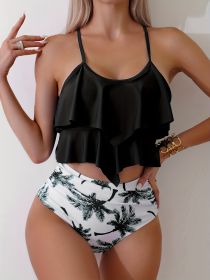 Palm Tree Print Bikini Sets, Ruffle Round Neck High Waist High Cut Two Pieces Swimsuit, Women's Swimwear & Clothing For Palm Sunday (Option: Black-S)