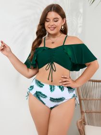 Women's Large Size One-shoulder Tropical Print Bikini Set Bikini Style (Option: Dark green-0XL)
