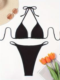 European And American Sexy Solid Color Small Pit Strip Bikini Bikini Holiday Style (Option: Black-S)