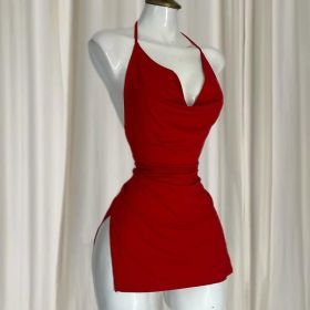 Sexy Lingerie Passion Temptation Suspender Nightdress Skirt Y2k Retro Street V Neck Slit Back Suspender Backless Evening Dress (Color: nz712-red, size: S)