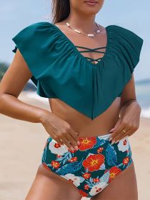 Oversized Bikini Fashion European And American Pleated Trim Set (Option: Dark green-1XL)